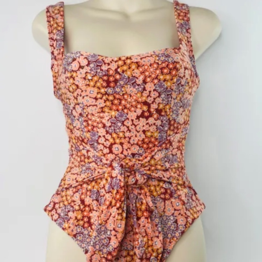 L SPACE SWIMSUIT 1 PIECE M BALBOA ANTHROPOLOGIE SASH ORANGE MULTI FLOWER NWT$187